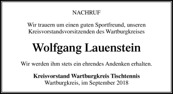 Traueranzeige von Wolfgang Lauenstein von Südthüringer Presse