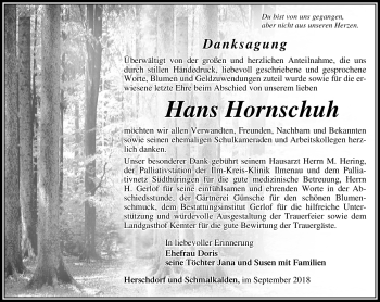 Traueranzeige von Hans Hornschuh von Südthüringer Presse