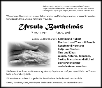 Traueranzeige von Ursula Barthelmäs von Südthüringer Presse