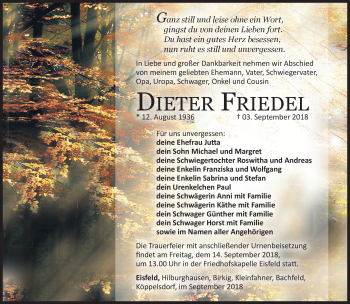 Traueranzeige von Dieter Friedel von Südthüringer Presse