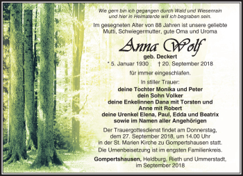 Traueranzeige von Anna Wolf von Südthüringer Presse