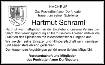 Traueranzeige von Hartmut Schraml von Frankenpost