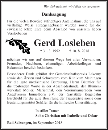 Traueranzeige von Gerd Losleben von Südthüringer Presse