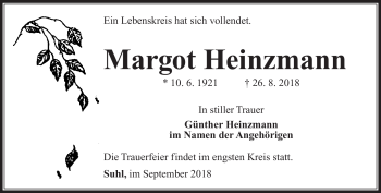 Traueranzeige von Margot Heinzmann von Südthüringer Presse