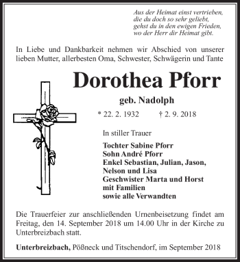 Traueranzeige von Dorothea Pforr von Südthüringer Presse