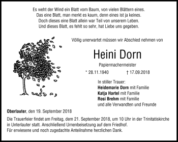 Traueranzeige von Heini Dorn von Neue Presse Coburg