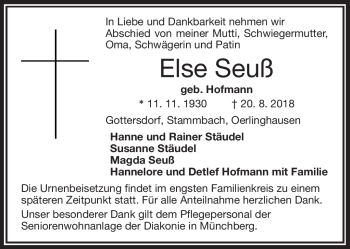 Traueranzeige von Else Seuß von Frankenpost