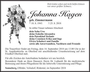 Traueranzeige von Johanna Hagen von Südthüringer Presse