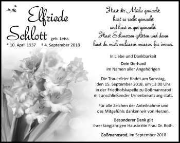 Traueranzeige von Elfriede Schlott von Südthüringer Presse