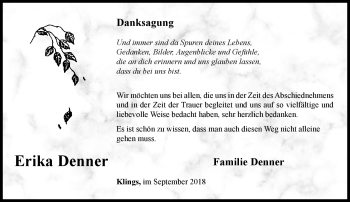 Traueranzeige von Erika Denner von Südthüringer Presse