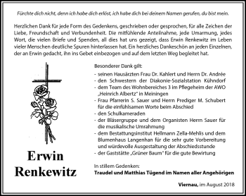 Traueranzeige von Erwin Renkewitz von Südthüringer Presse
