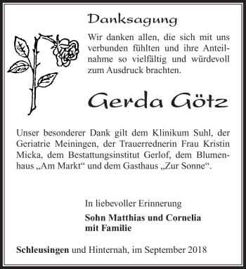 Traueranzeige von Gerda Götz von Südthüringer Presse