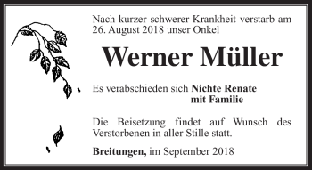 Traueranzeige von Werner Müller von Südthüringer Presse