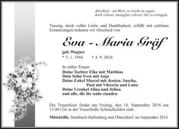 Traueranzeige von Eva-Maria Gräf von Südthüringer Presse