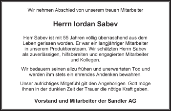 Traueranzeige von Iordan Sabev von Frankenpost