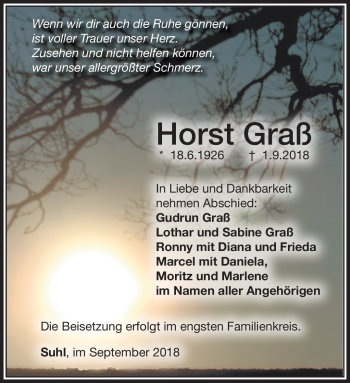 Traueranzeige von Horst Graß von Südthüringer Presse