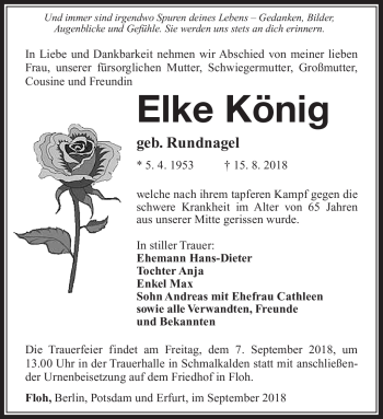 Traueranzeige von Elke König von Südthüringer Presse