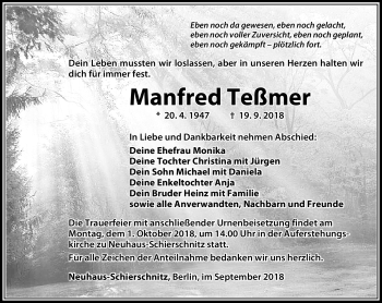 Traueranzeige von Manfred Teßmer von Südthüringer Presse