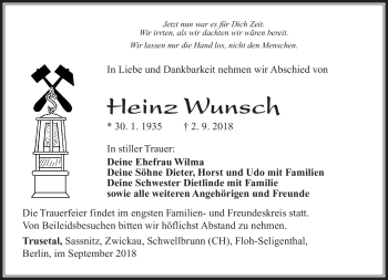 Traueranzeige von Heinz Wunsch von Südthüringer Presse
