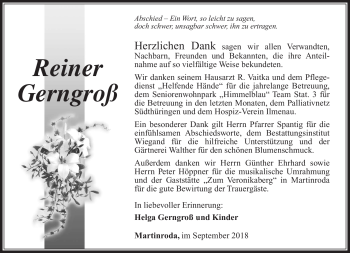 Traueranzeige von Reiner Gerngroß von Südthüringer Presse