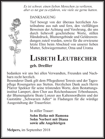Traueranzeige von Lisbeth Leutbecher von Südthüringer Presse