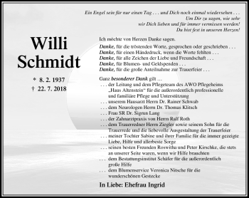 Traueranzeige von Willi Schmidt von Südthüringer Presse