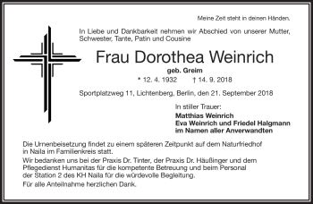 Traueranzeige von Dorothea Weinrich von Frankenpost