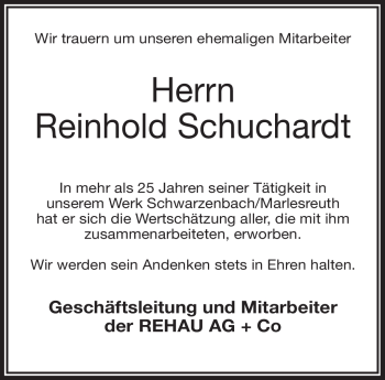 Traueranzeige von Reinhold Schuchardt von Frankenpost