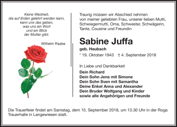 Traueranzeige von Sabine Juffa von Südthüringer Presse