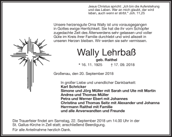 Traueranzeige von Wally Lehrbaß von Frankenpost