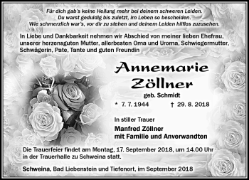 Traueranzeige von Annemarie Zöllner von Südthüringer Presse