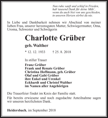 Traueranzeige von Charlotte Grüber von Südthüringer Presse