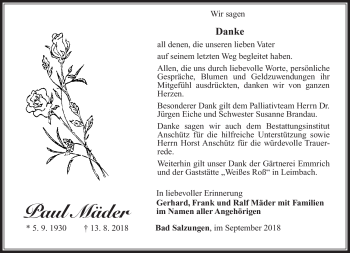 Traueranzeige von Paul Mäder von Südthüringer Presse