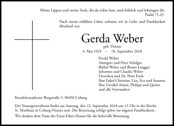 Traueranzeige von Gerda Weber von Neue Presse Coburg