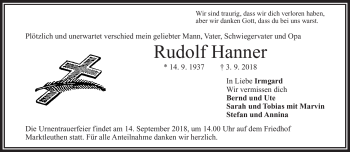 Traueranzeige von Rudolf Hanner von Frankenpost