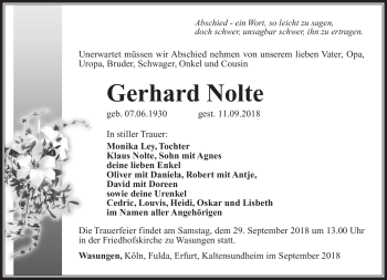 Traueranzeige von Gerhard Nolte von Südthüringer Presse
