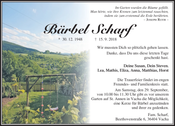 Traueranzeige von Bärbel Scharf von Südthüringer Presse
