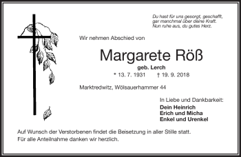 Traueranzeige von Margarete Röß von Frankenpost