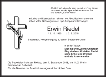 Traueranzeige von Erwin Riedel von Frankenpost