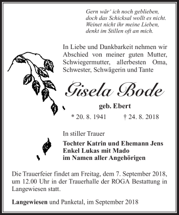 Traueranzeige von Gisela Bode von Südthüringer Presse