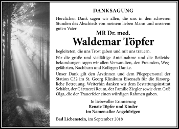 Traueranzeige von Waldemar Töpfer von Südthüringer Presse