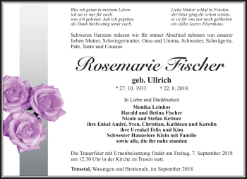Traueranzeige von Rosemarie Fischer von Südthüringer Presse