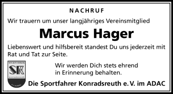 Traueranzeige von Marcus Hager von Frankenpost
