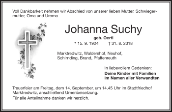 Traueranzeige von Johanna Suchy von Frankenpost