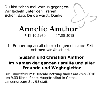 Traueranzeige von Annelie Amthor von Südthüringer Presse