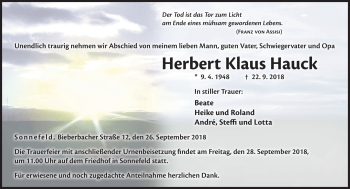 Traueranzeige von Herbert Klaus Hauck von Neue Presse Coburg