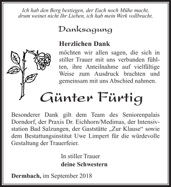 Traueranzeige von Günter Fürtig von Südthüringer Presse