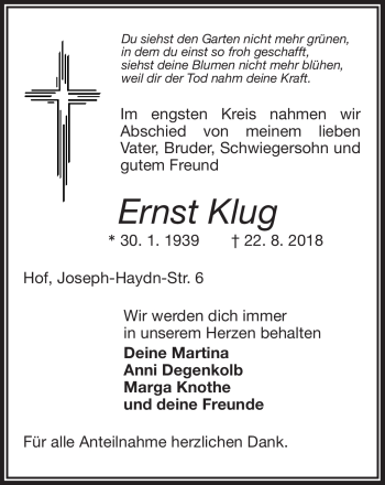 Traueranzeige von Ernst Klug von Frankenpost