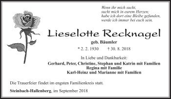 Traueranzeige von Lieselotte Recknagel von Südthüringer Presse