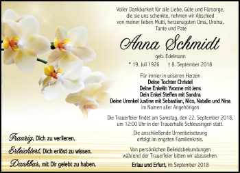 Traueranzeige von Anna Schmidt von Südthüringer Presse